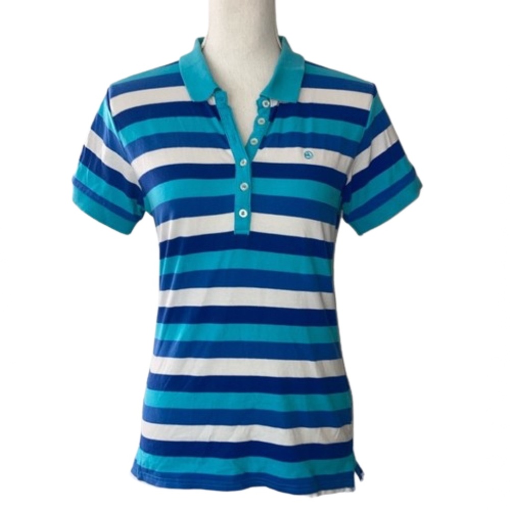 RACE MARINE Womens blue striped short sleeve polo shirt tee teal cyan